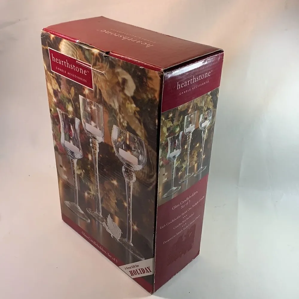 Hearthstone Set 3 Clear Glass Candle Tea Light Holders Holiday EUC In Box